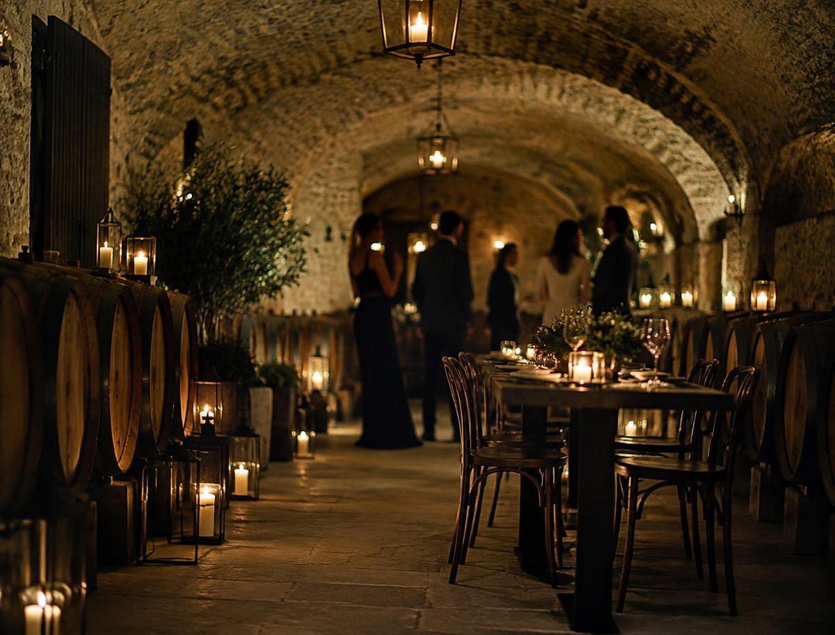 A lantern-lit vineyard cellar during a private members' evening