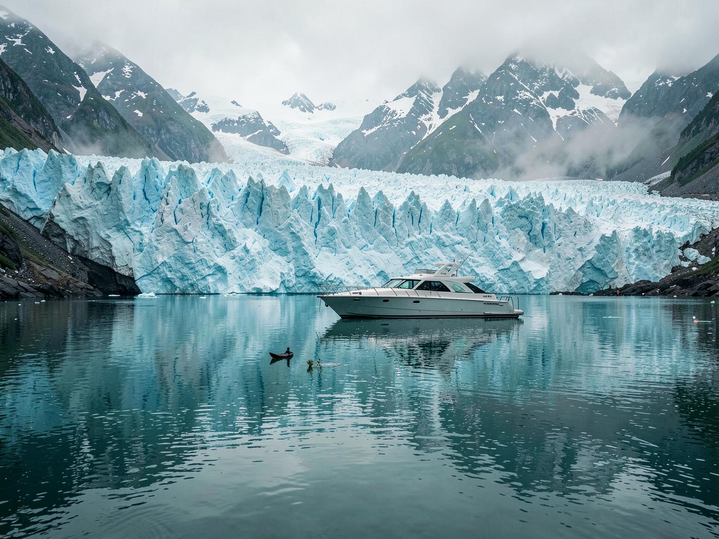 A private yacht on still water before a vast glacier in Alaska