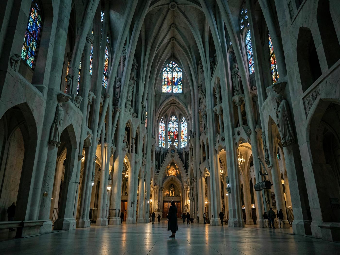 A solitary visitor inside an empty basilica illuminated by stained glass in Barcelona