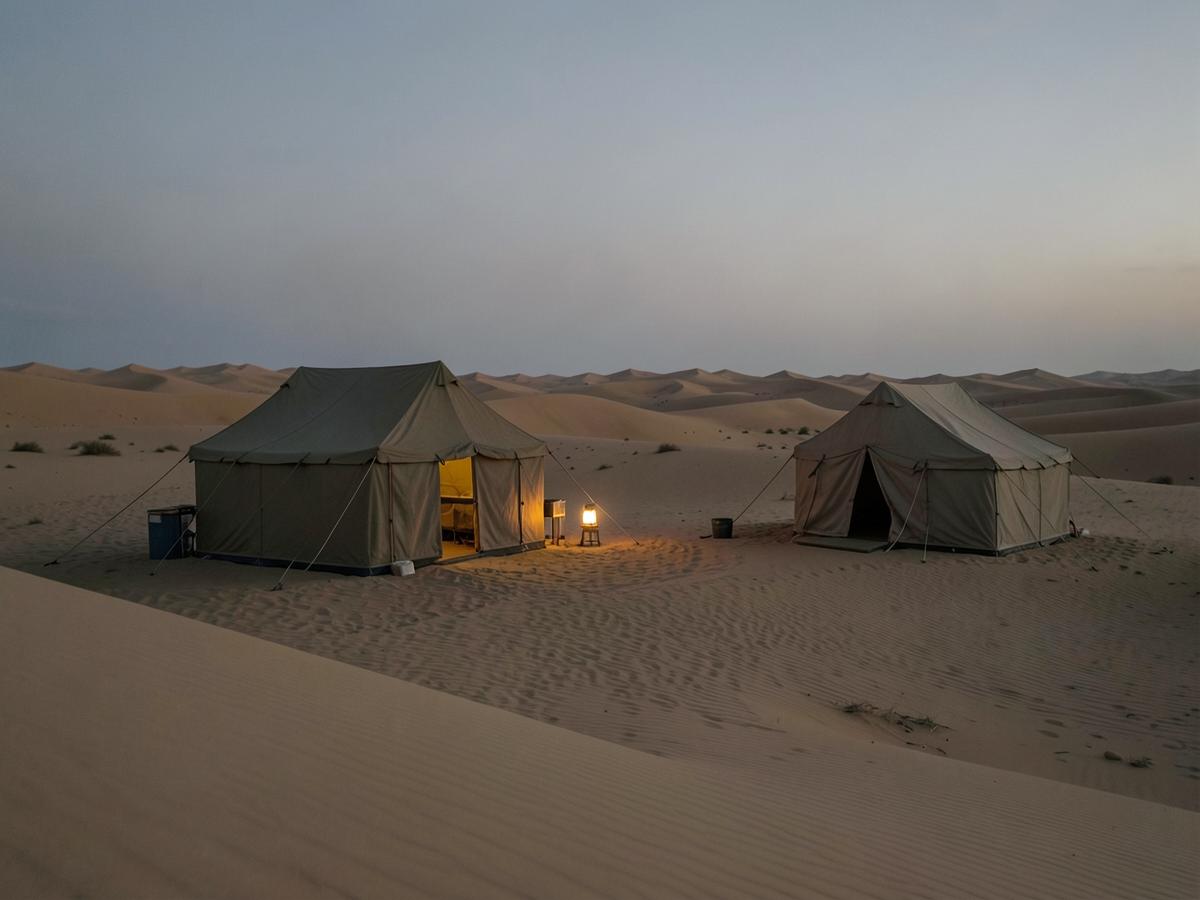 Private canvas camp among golden dunes at dusk with lantern light