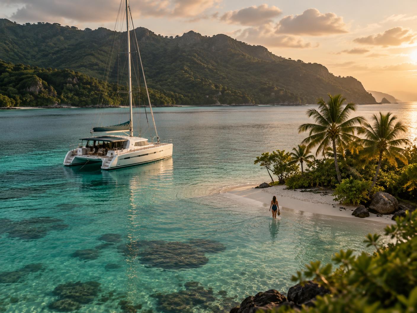 A private catamaran anchored in turquoise shallows beside a palm-crowned Caribbean cay at golden hour