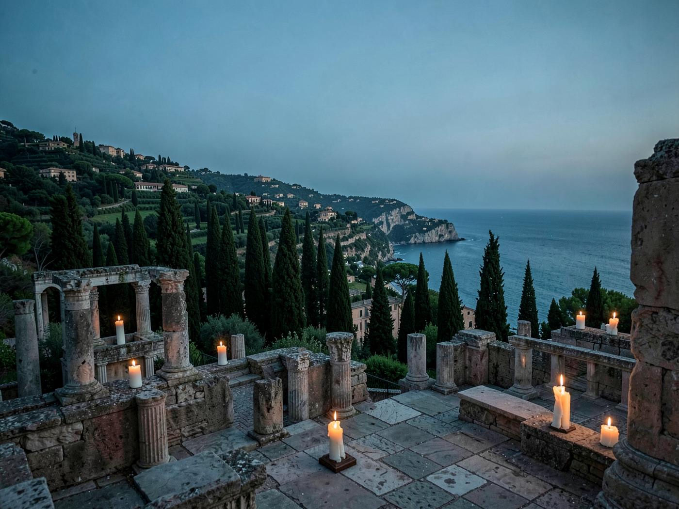 A candlelit ancient terrace overlooking cypress hills and the Italian coast at dusk