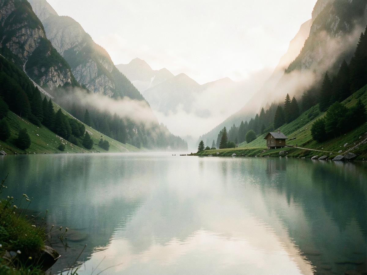 Misty alpine lake at dawn with a single wooden cabin on the shore