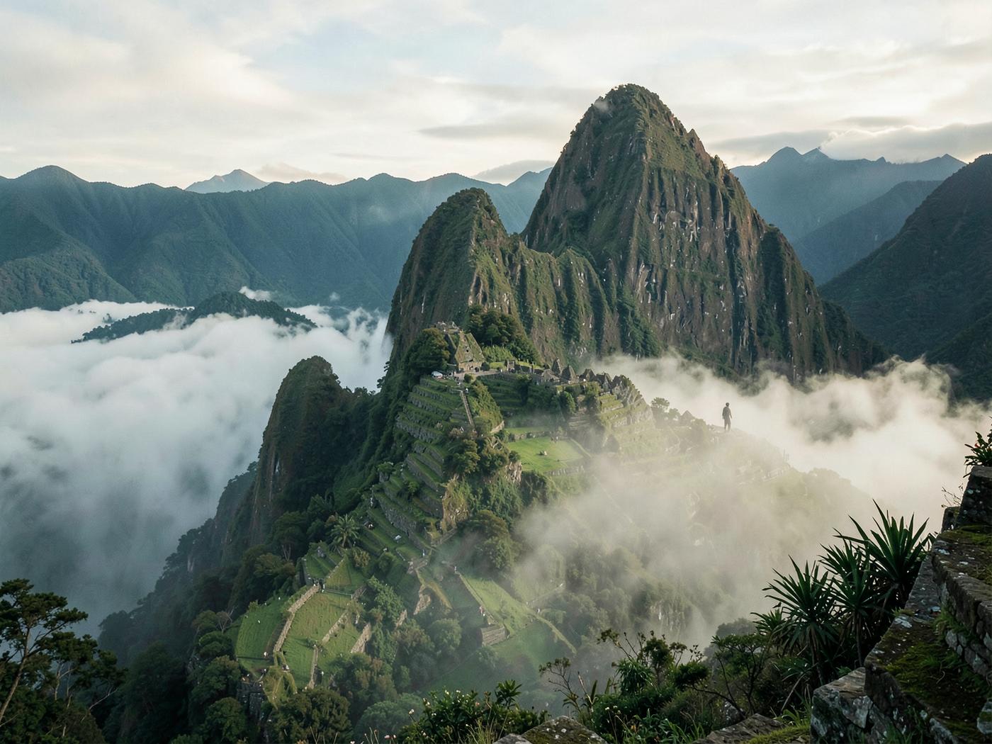 Machu Picchu emerging from cloud in the Peruvian Andes at first light