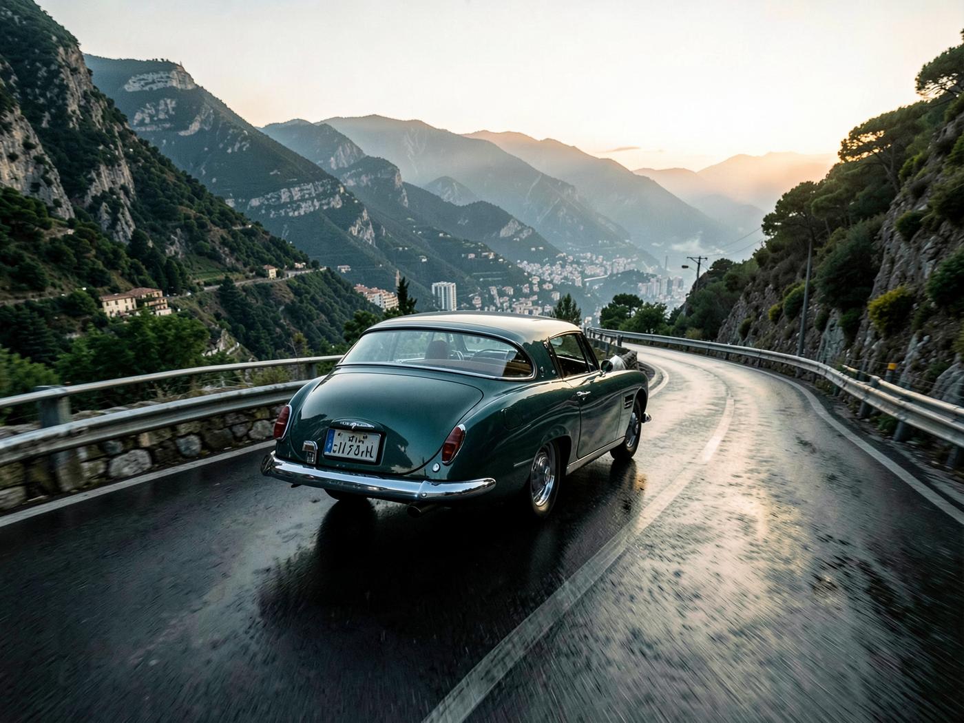 A classic grand touring car following a winding mountain road at dawn