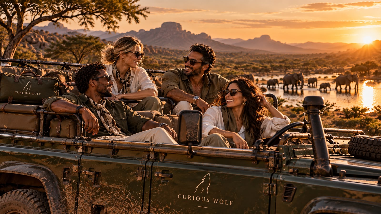 Travellers smiling in a Curious Wolf branded safari vehicle at golden hour, elephants wading in the water beyond